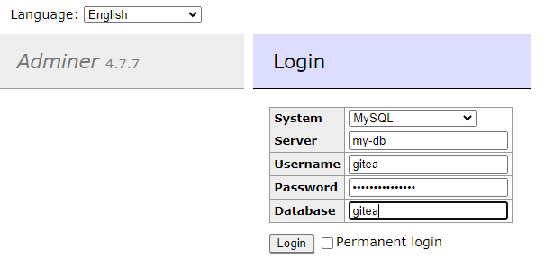 screenshot from adminer to connect to my-db service