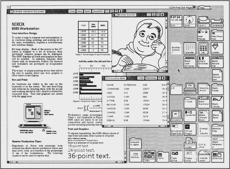 An example of an early GUI from Xerox - notice the pictures for the icons on the right, the ability to display an image as if it were paper, etc.  This made it very friendly for non-technical people to operate these machines.