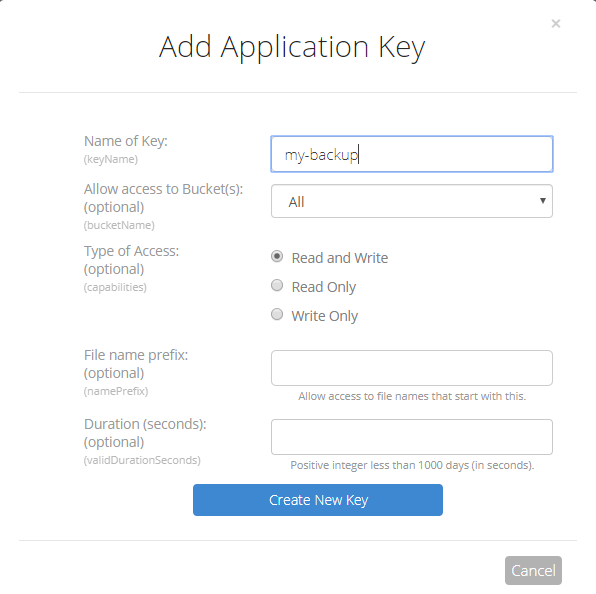 Click image to go to create application keys on BackBlaze B2