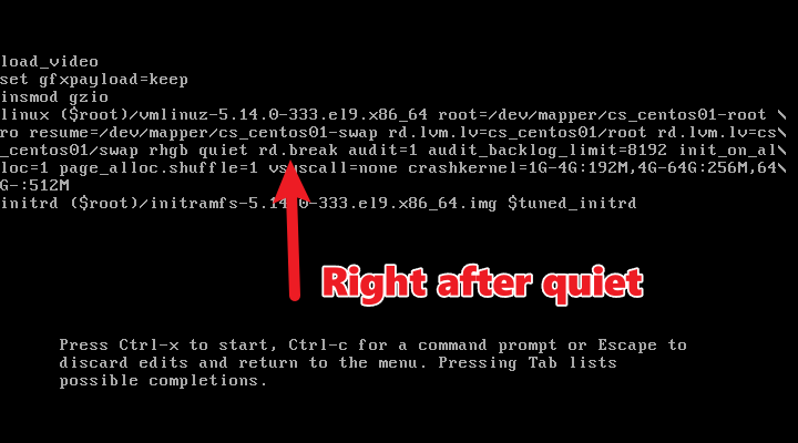 rd.break kernel parameter inserted right after the quiet parameter